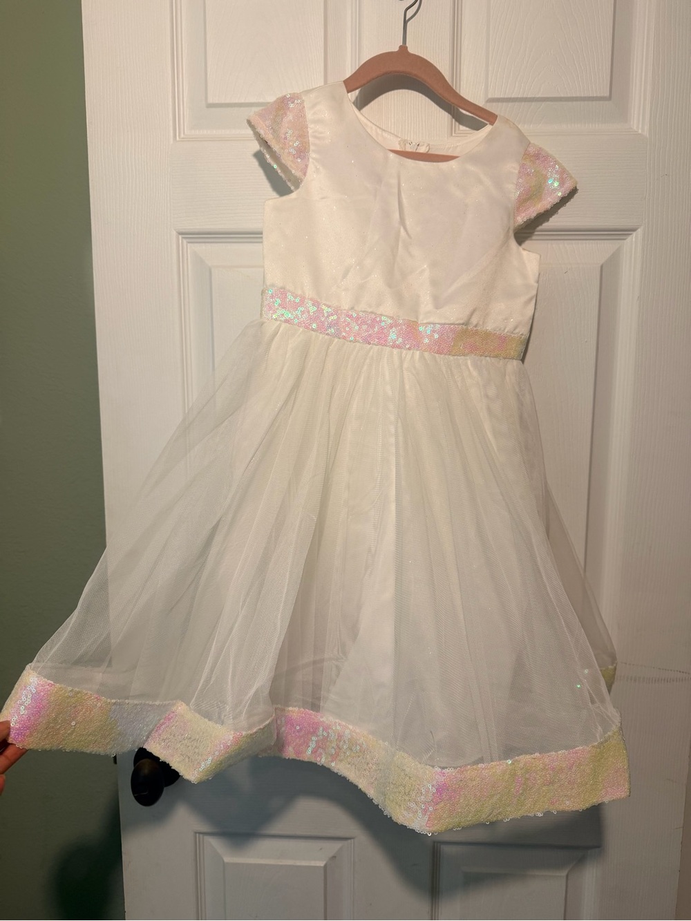 Rare Editions White Tulle Dress with Iridescent Trim